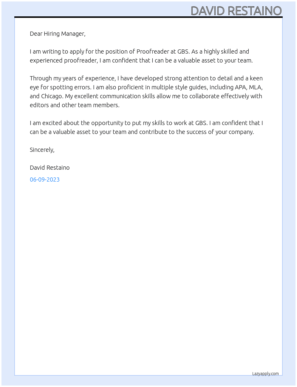 Proofreader At GBS Cover Letter