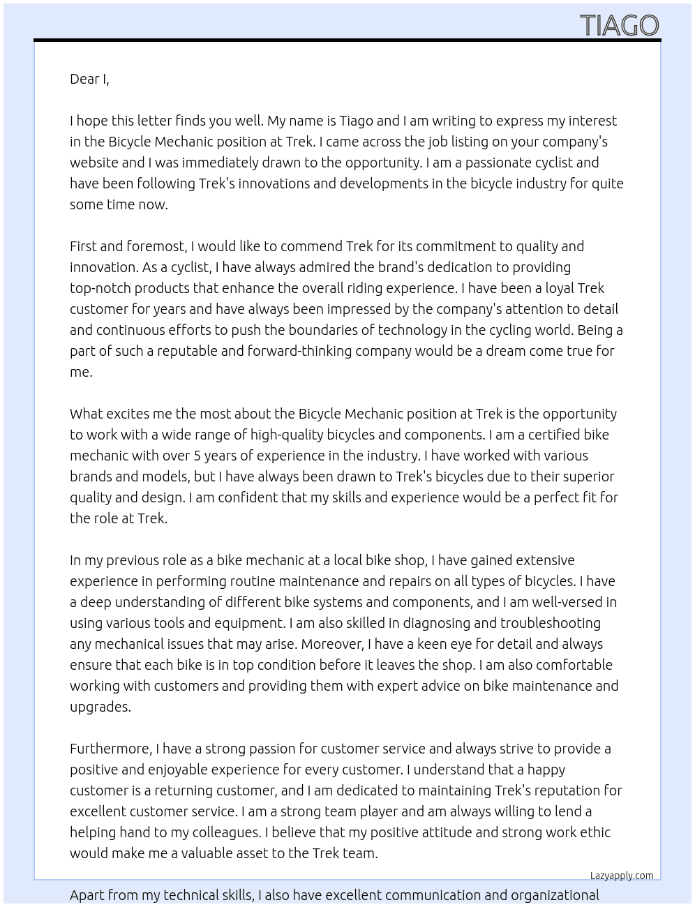 Bicycle mechanic At Trek Cover Letter
