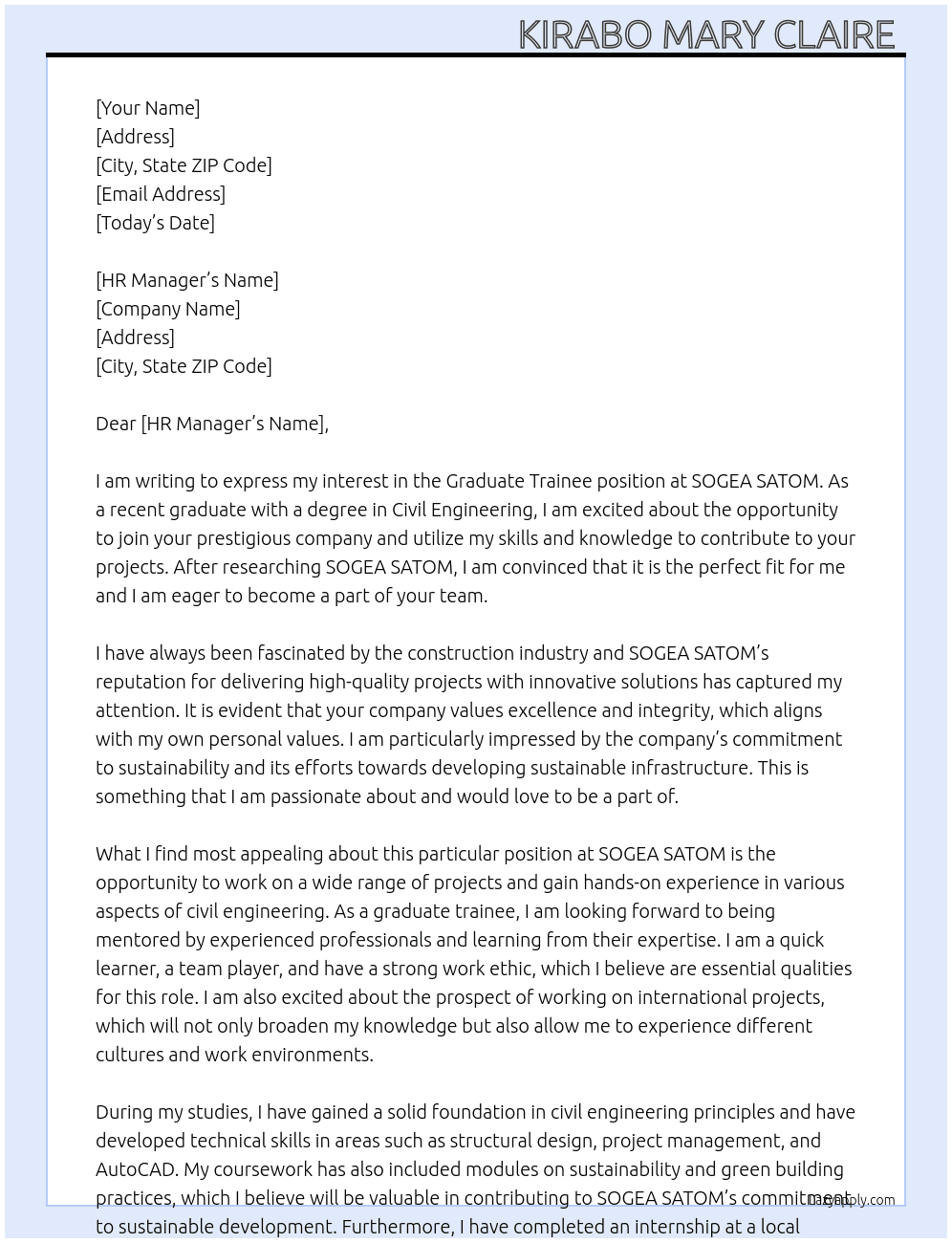 Graduate trainee At SOGEA SATOM  Cover Letter