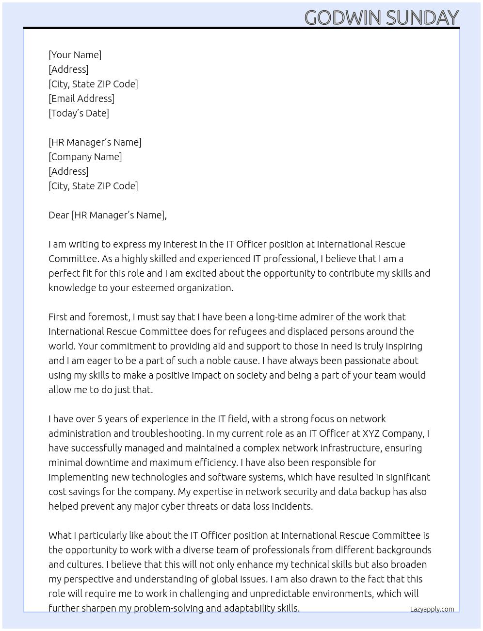 IT officer At international rescue commitee Cover Letter