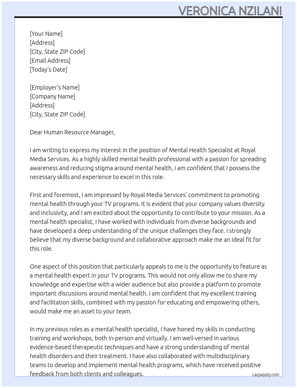 mental health specialist At Royal Media Services Cover Letter