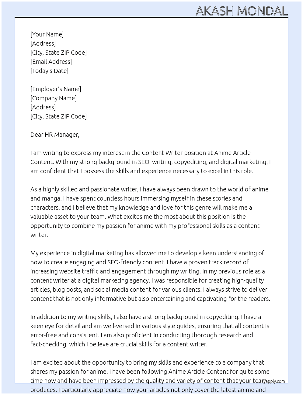 Content writer At Anime article content Cover Letter