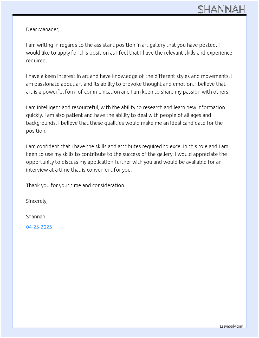 Assistant in art gallery At Gallery Cover Letter
