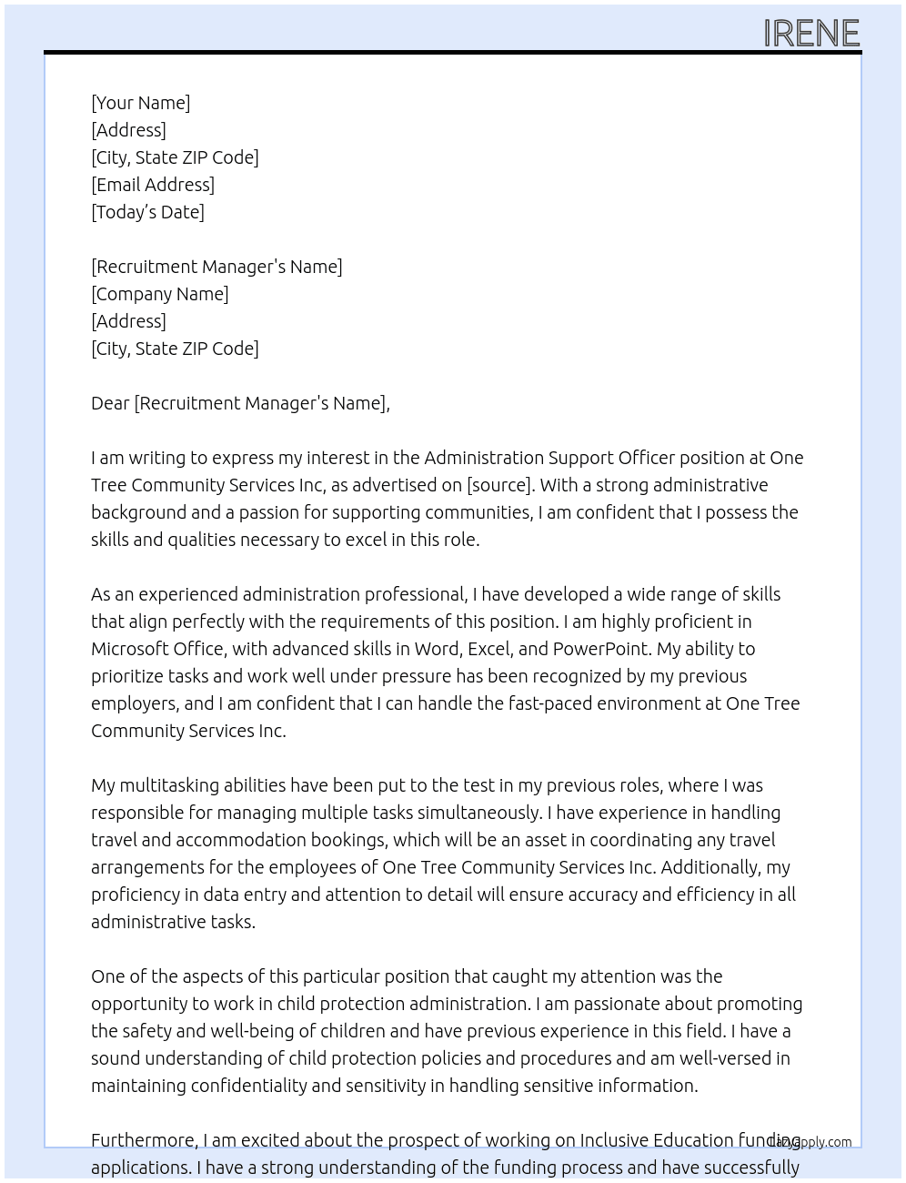 Administration Support Officer  At One Tree Community Services Inc Cover Letter