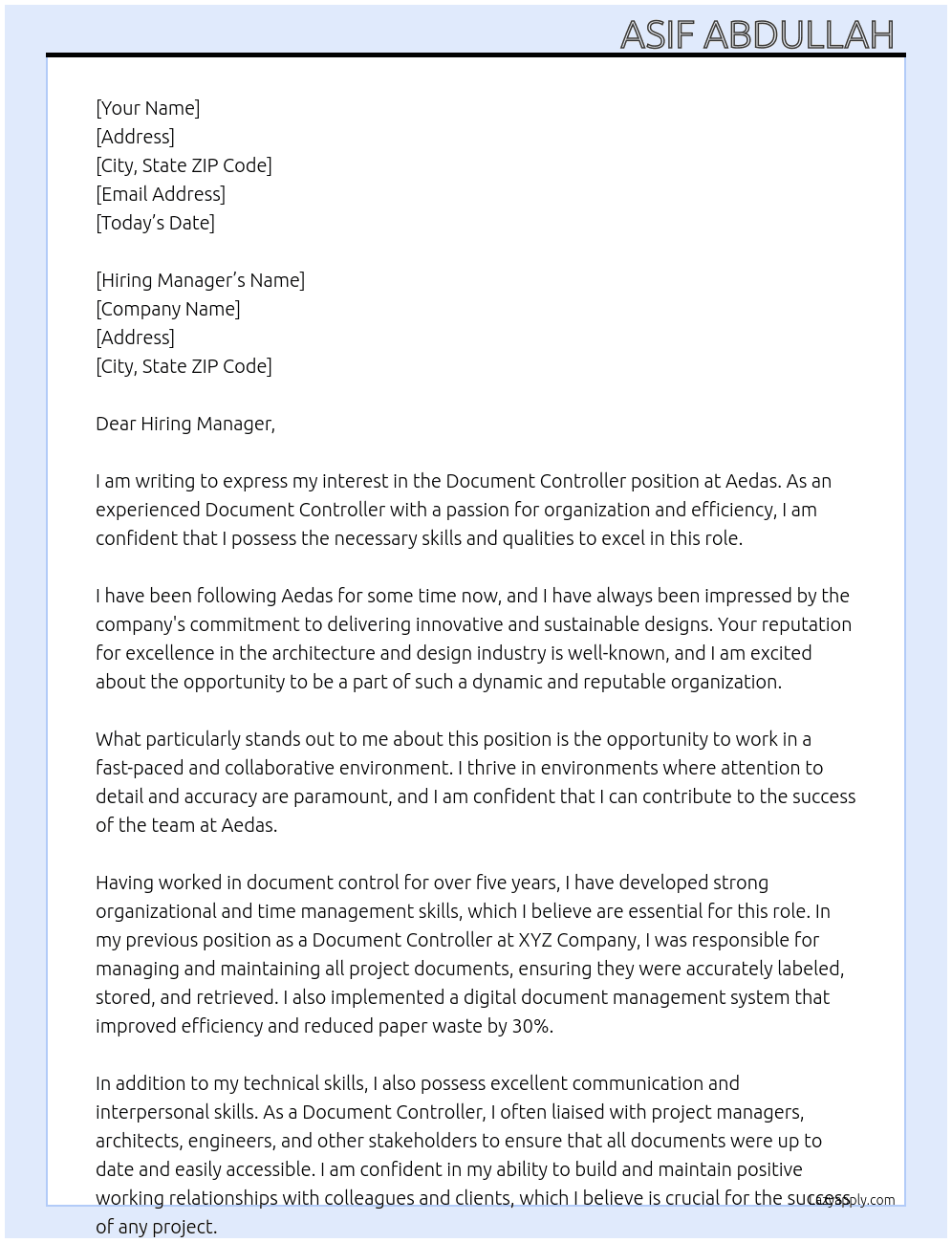 Document Controller  At Aedas Cover Letter