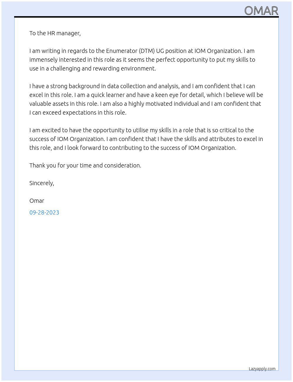 Enumerator (DTM) UG At IOM Organization  Cover Letter