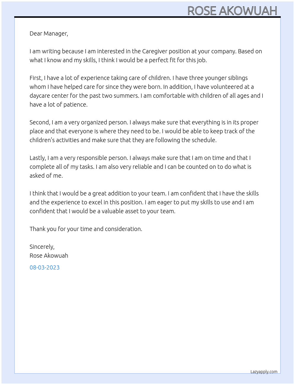 Caregiver  At Company  Cover Letter