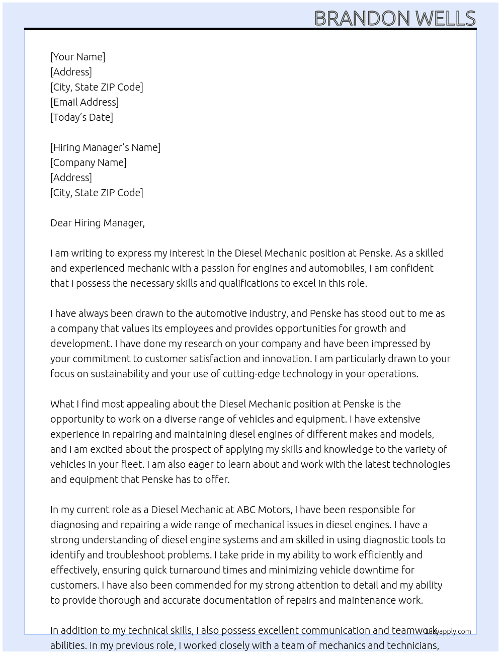 Diesel mechanic At Penske Cover Letter