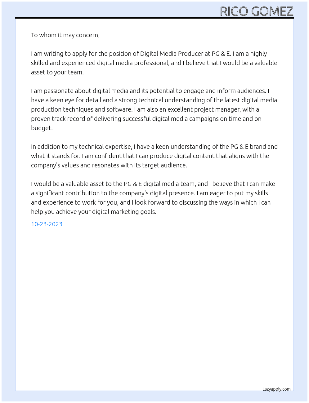Digital Media Producer At PG & E Cover Letter
