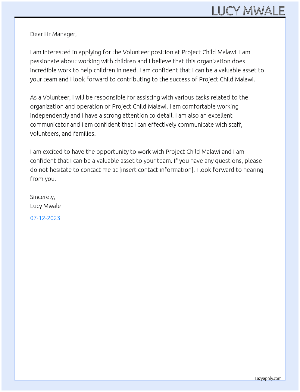 Volunteer At Project Child Malawi Cover Letter