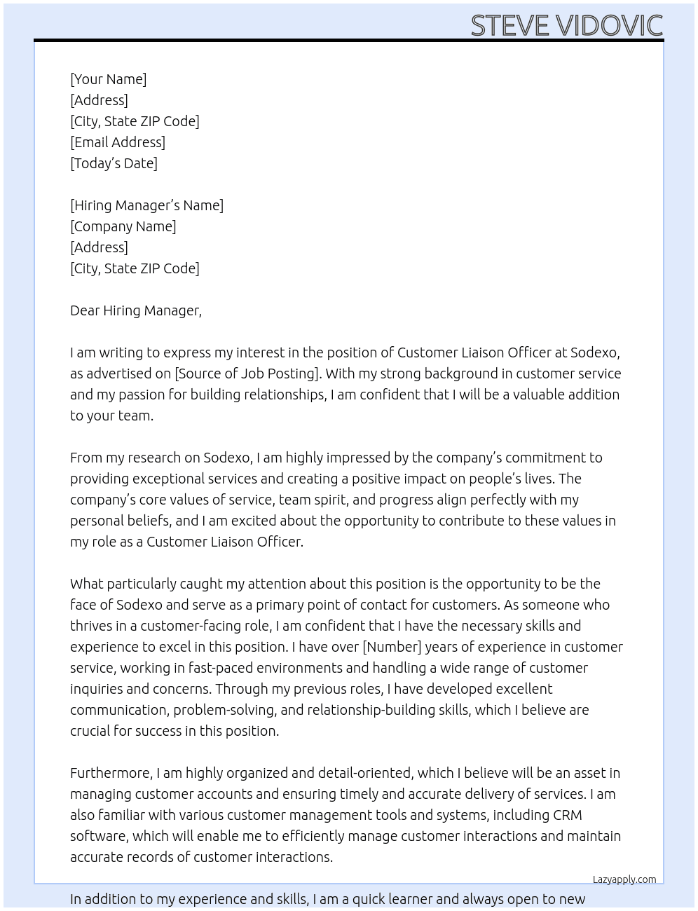 Customer Liaison Officer  At Sodexo Cover Letter