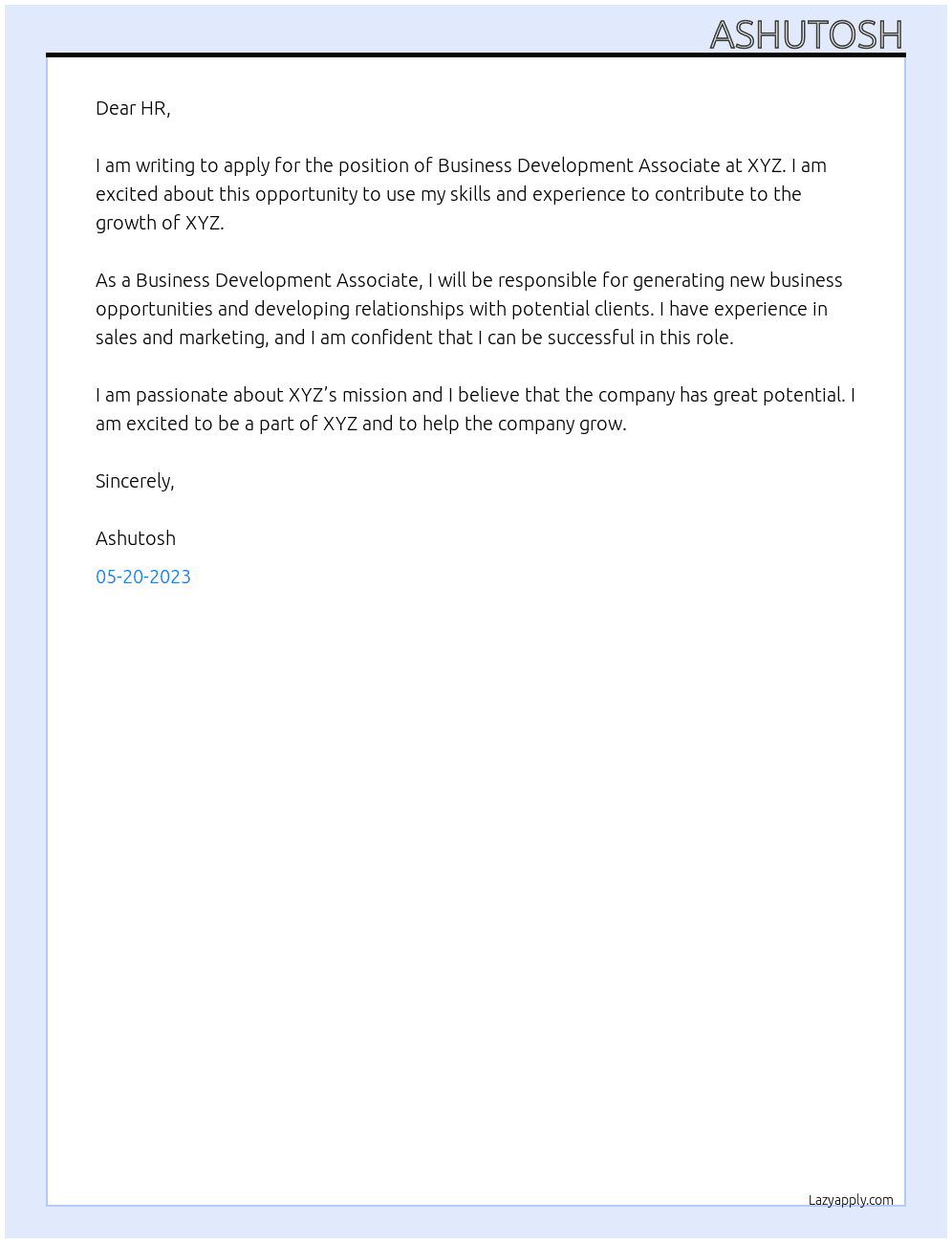 business development associate At xyz Cover Letter
