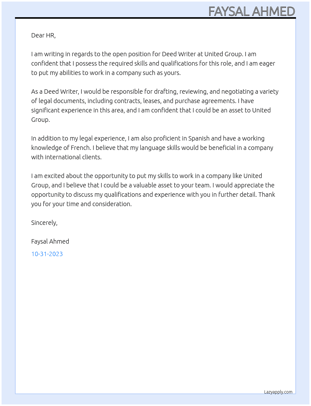 Deed Writer At United Group  Cover Letter
