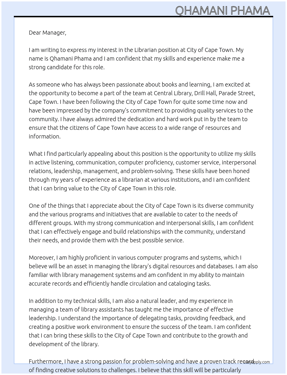 Librarian At City of Cape Town  Cover Letter