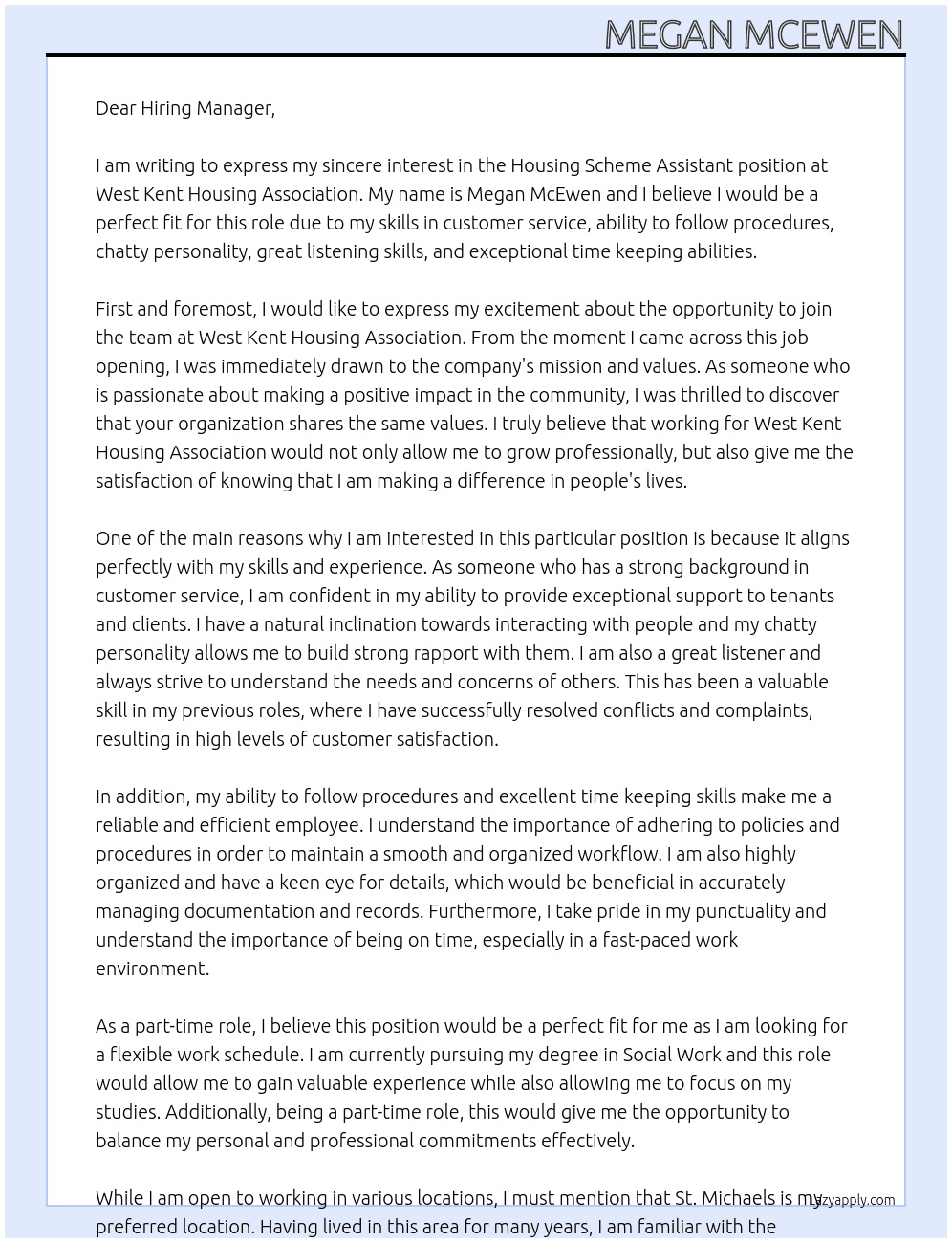 Housing scheme assistant At West Kent housing association Cover Letter