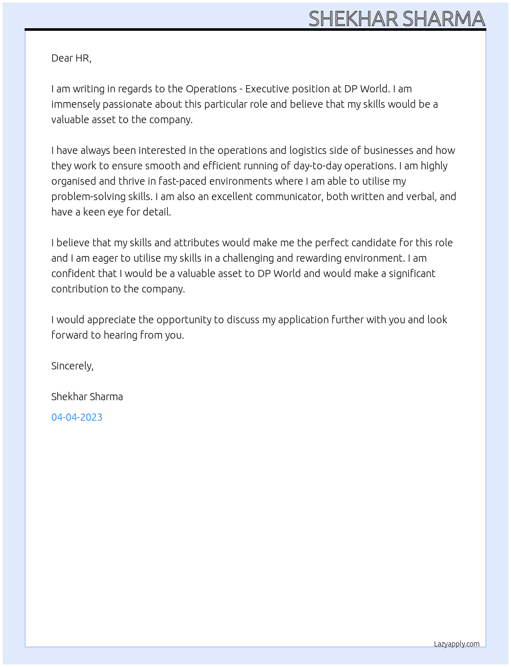 Operations - Executive At DP World Cover Letter