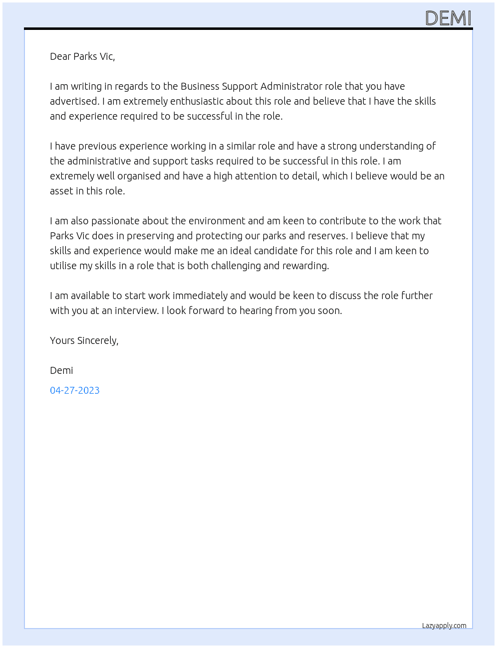 Business Support Administrator At Parks Vic Cover Letter