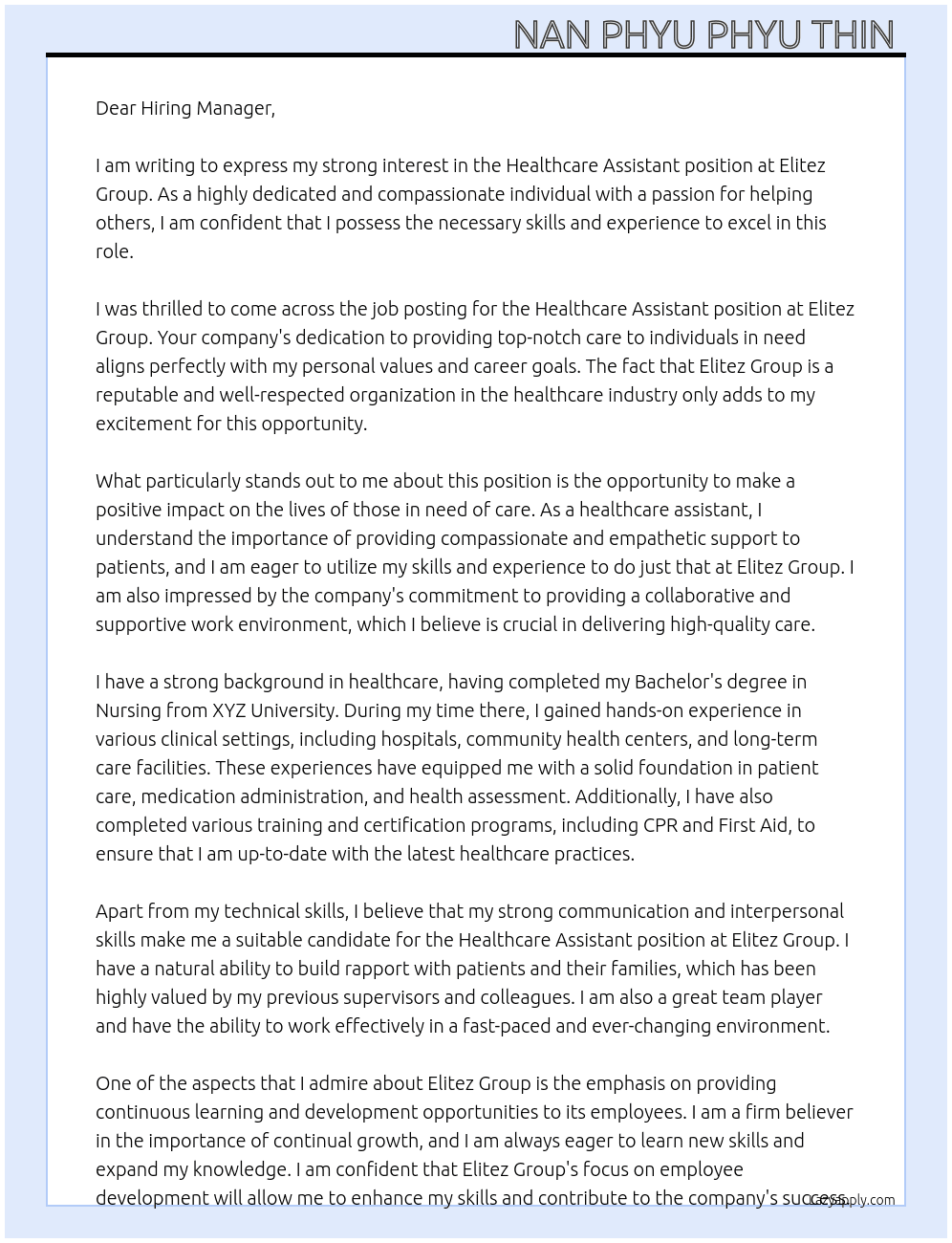 Healthcare assistant  At Elitez Group Cover Letter