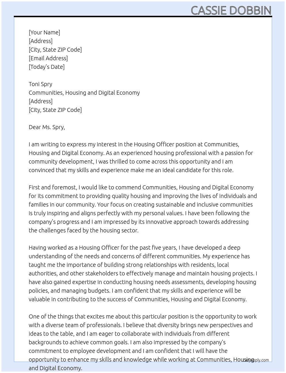 Housing Officer At Communities, Housing an Digital Economy Cover Letter