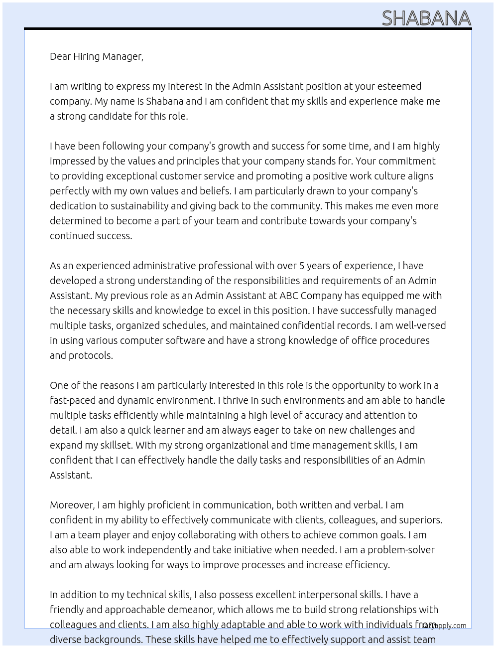 Admin assistant At Dont know Cover Letter