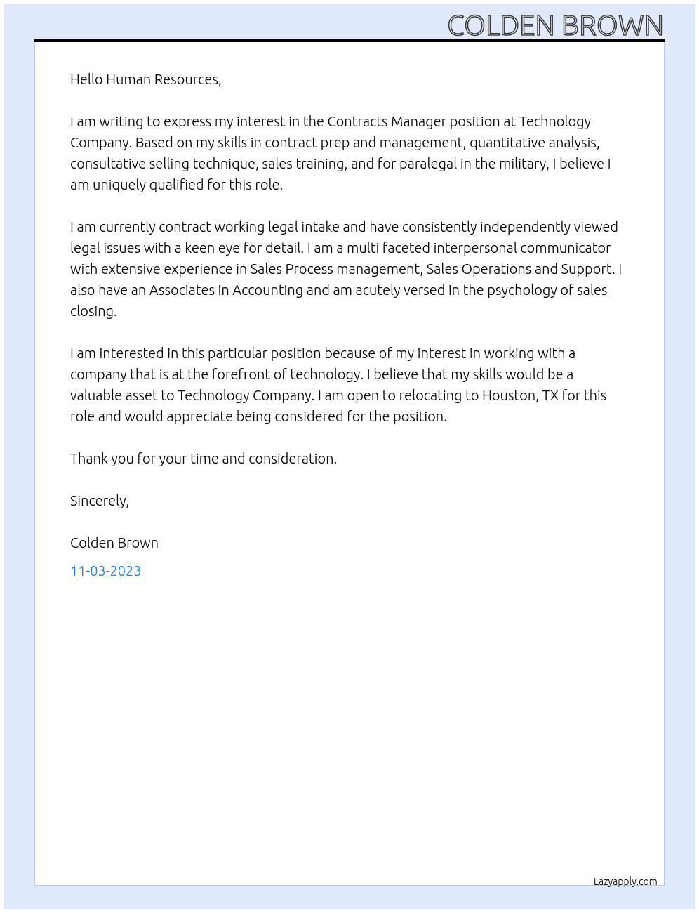 Contracts Manager At Techonology Company  Cover Letter