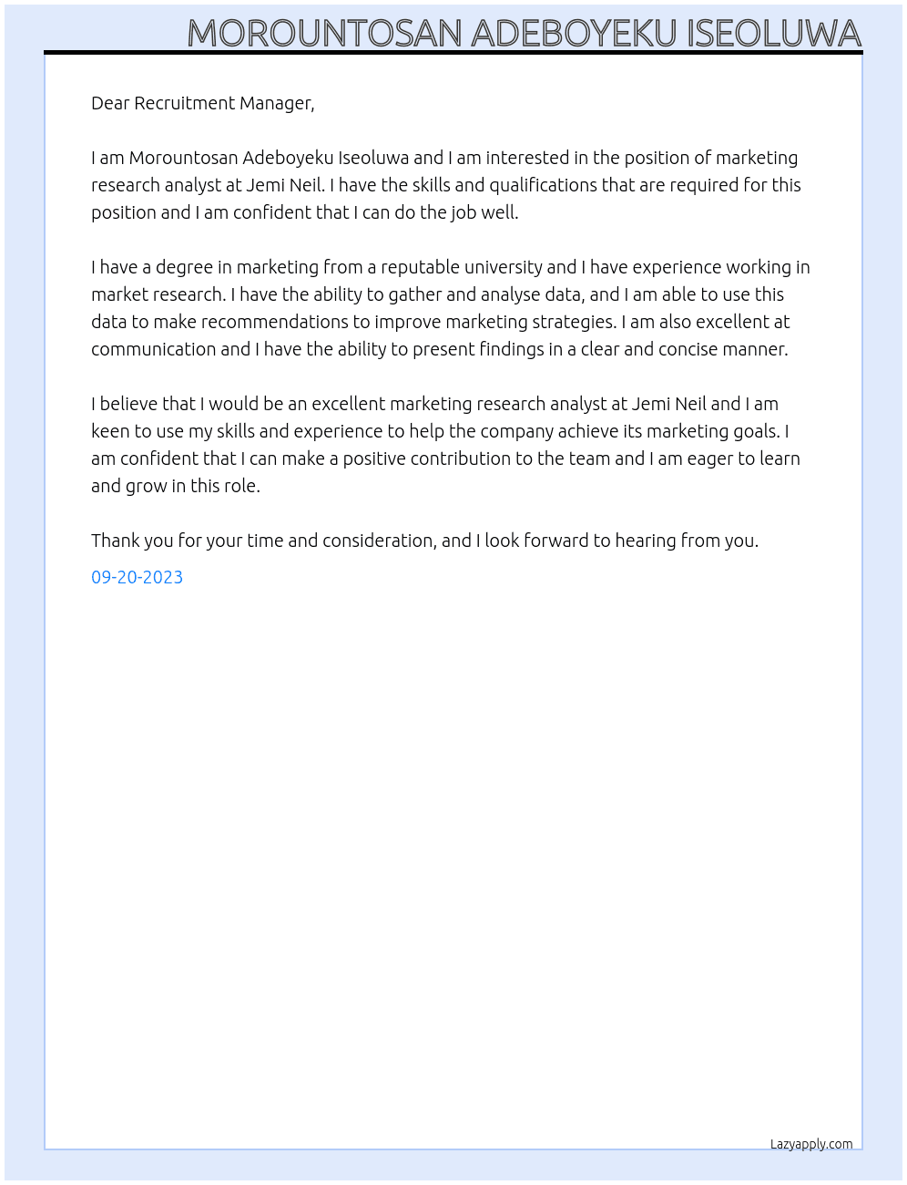 Marketing research analyst At Jemi Neil Cover Letter
