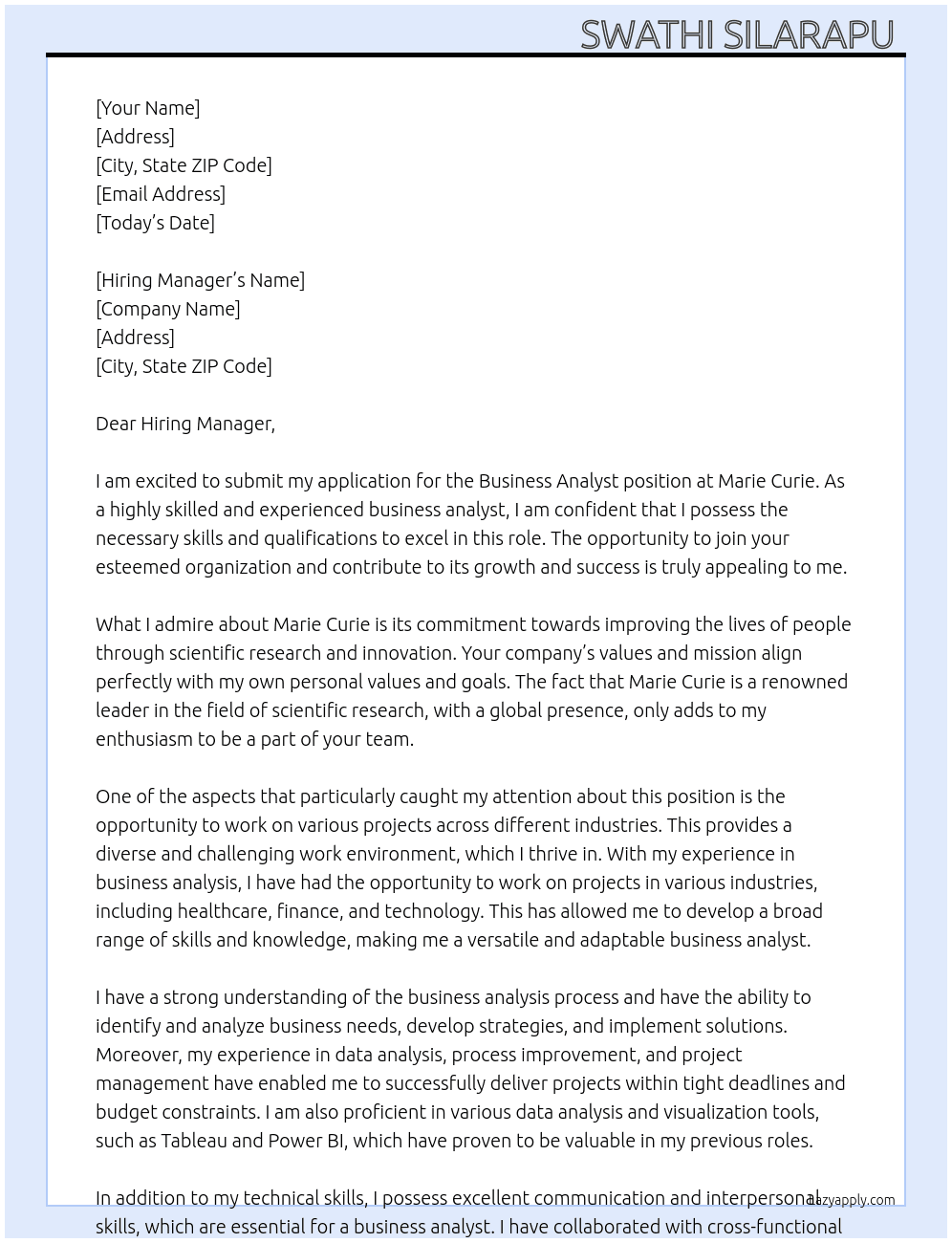 Business analyst At Marie curie Cover Letter