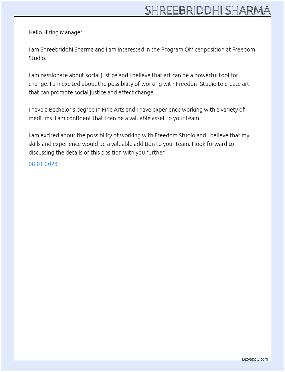 Program officer At Freedom Studio Cover Letter