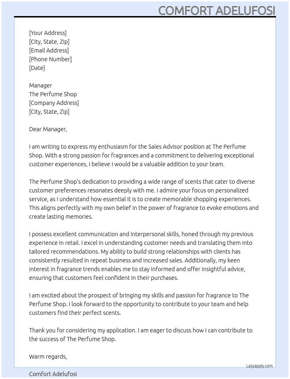 Sales advisor At The perfume shop Cover Letter