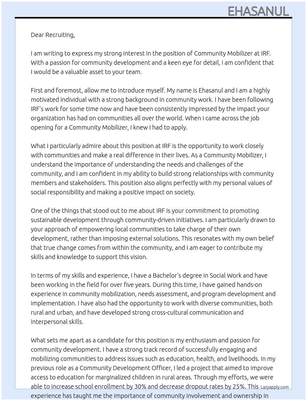 Community Mobilizer  At IRF Cover Letter