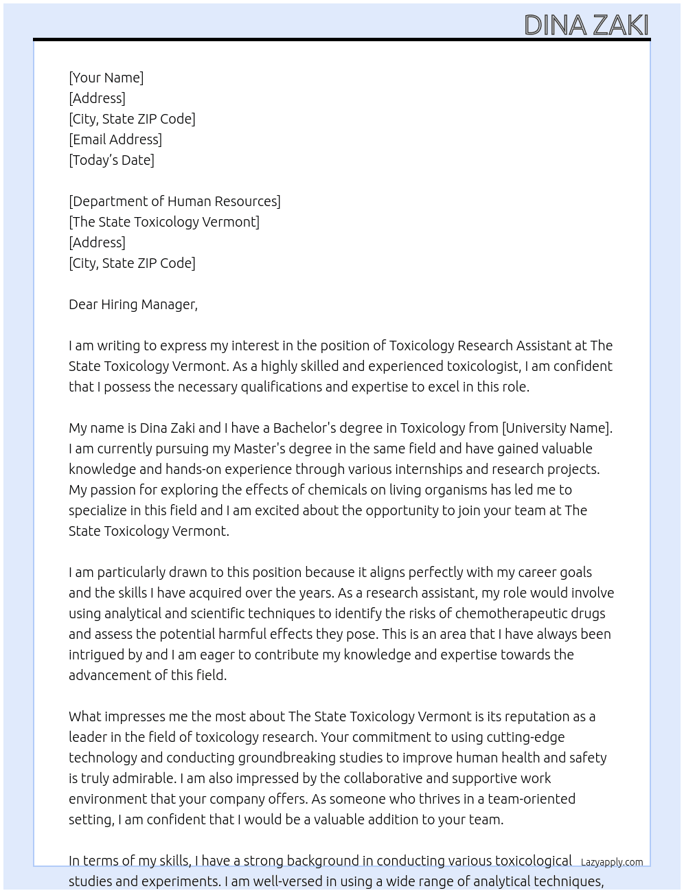 toxicology At The State Toxicology Vermont Cover Letter
