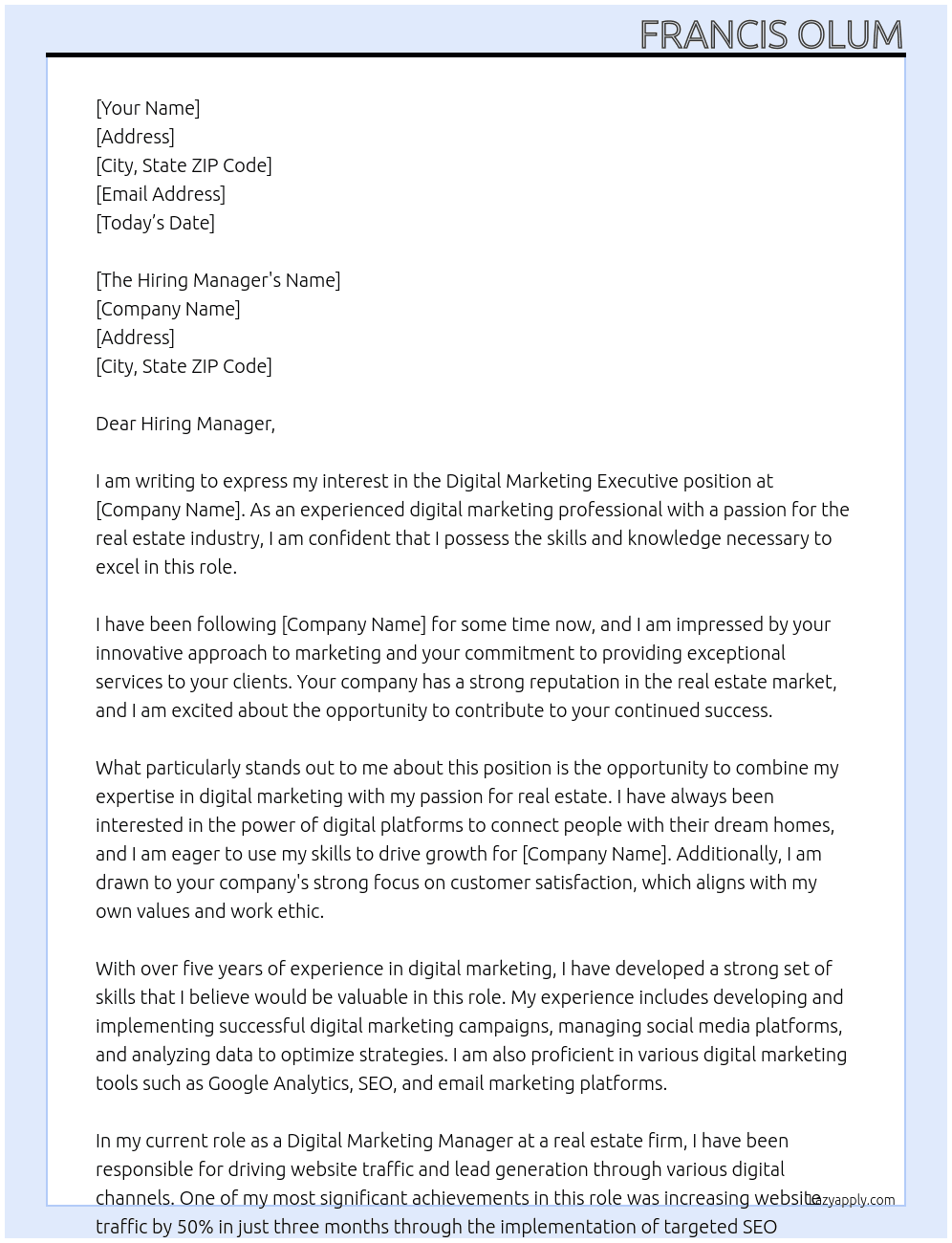 Digital Marketing Executive At A real estate company Cover Letter
