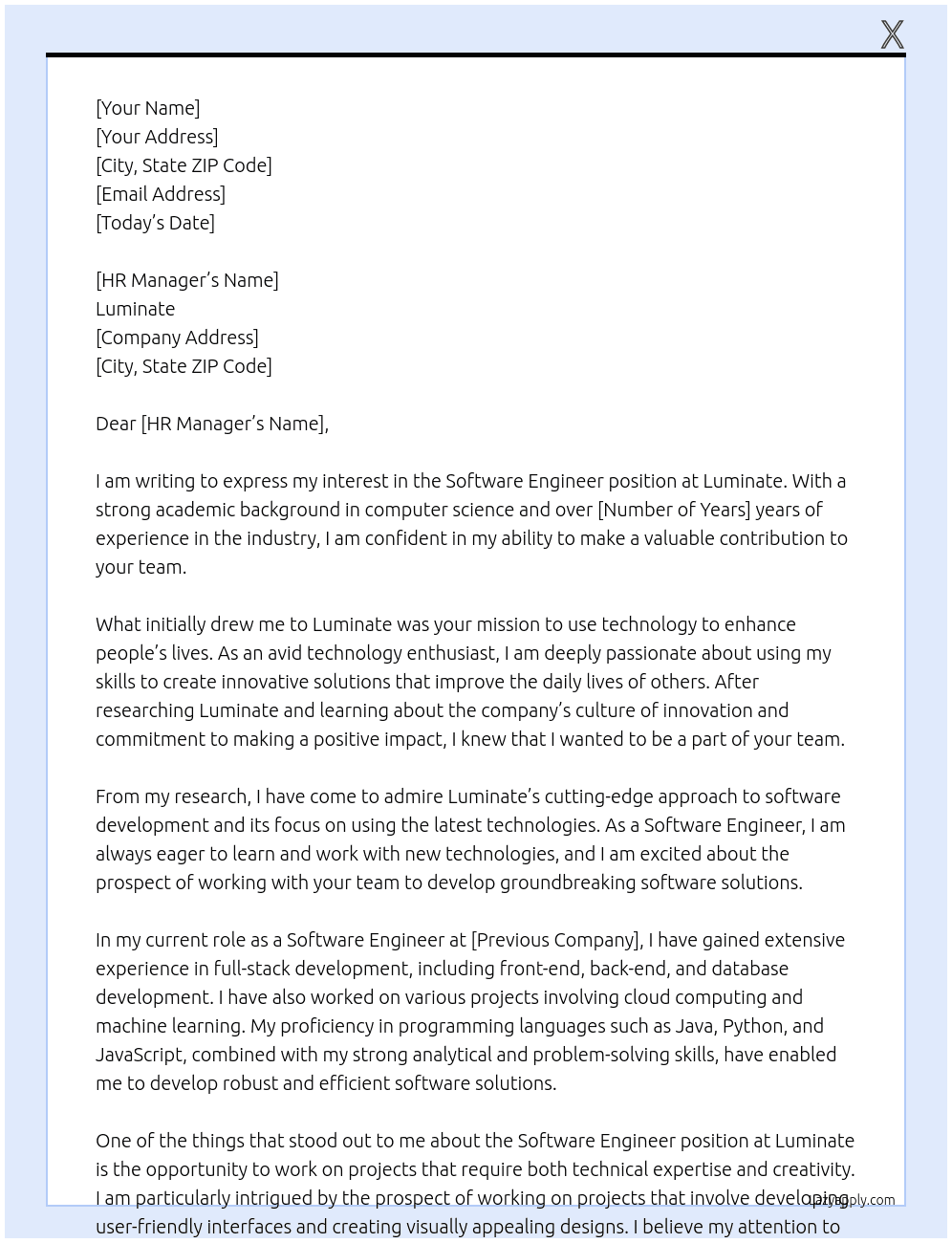 Software Engineer At Luminate Cover Letter