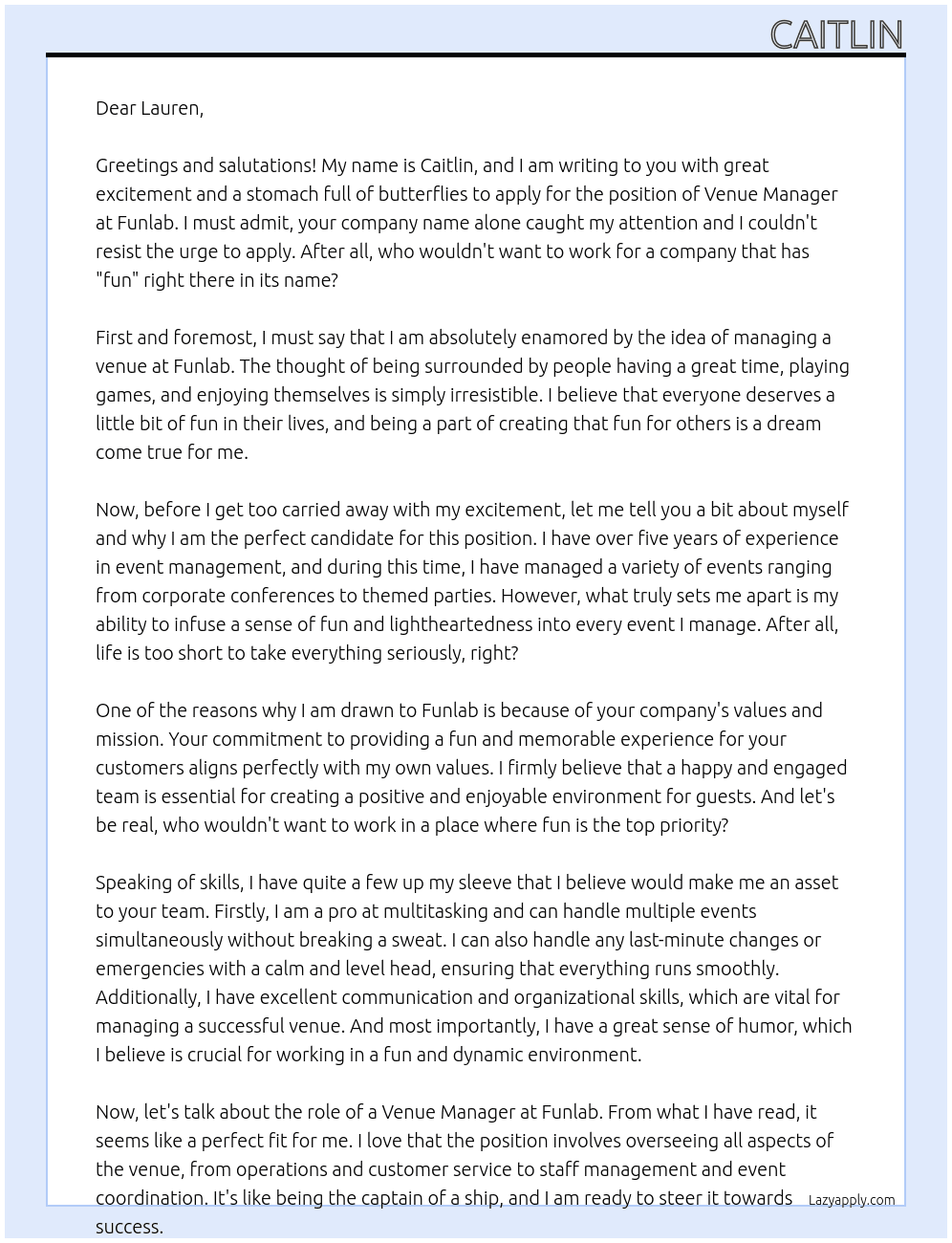 Venue Manager At Funlab Cover Letter