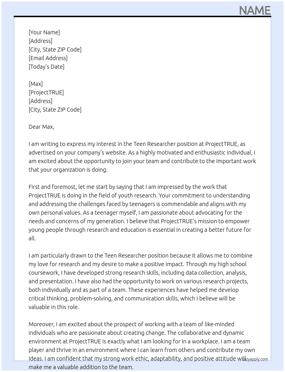 Teen Researcher At ProjectTRUE Cover Letter