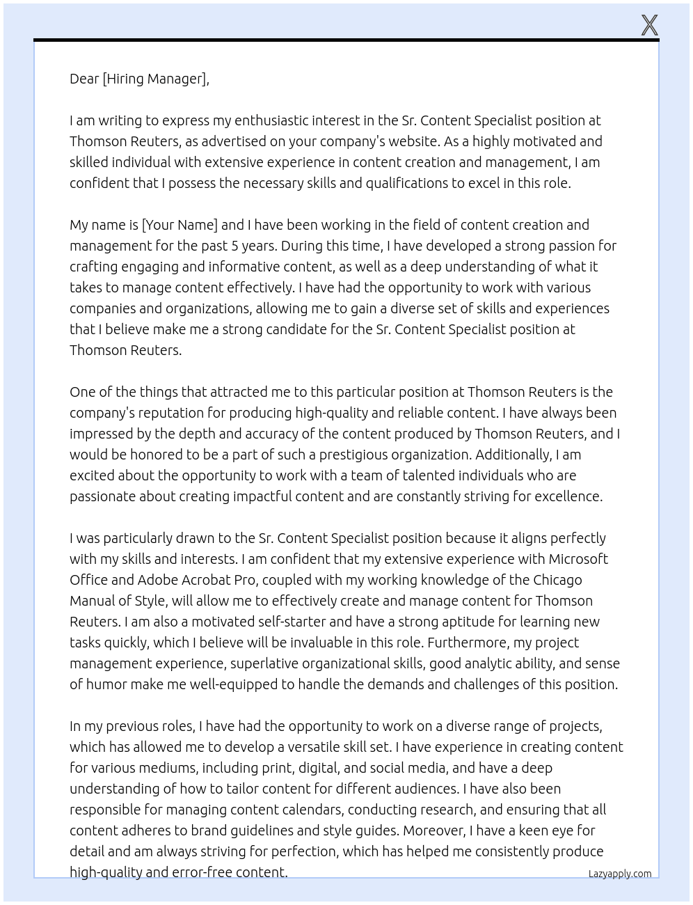 Sr. Content Specialist At Thomson Reuters Cover Letter