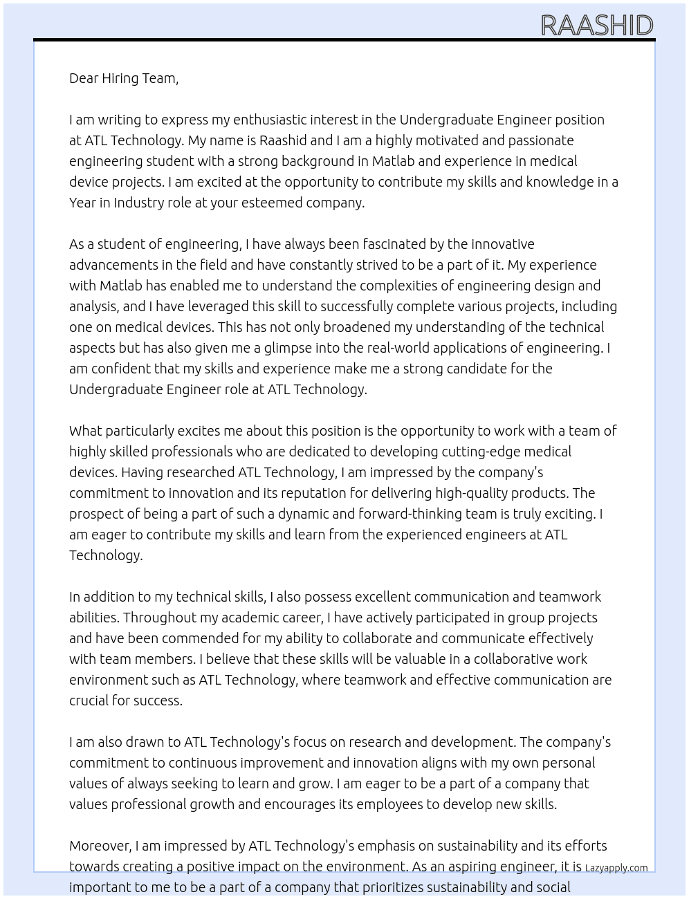 Undergraduate engineer At ATL Technology Cover Letter