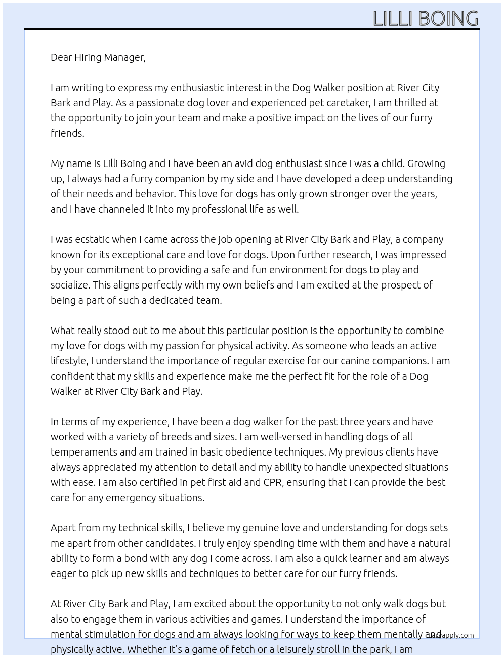 Dog walker At River City Bark and Play Cover Letter