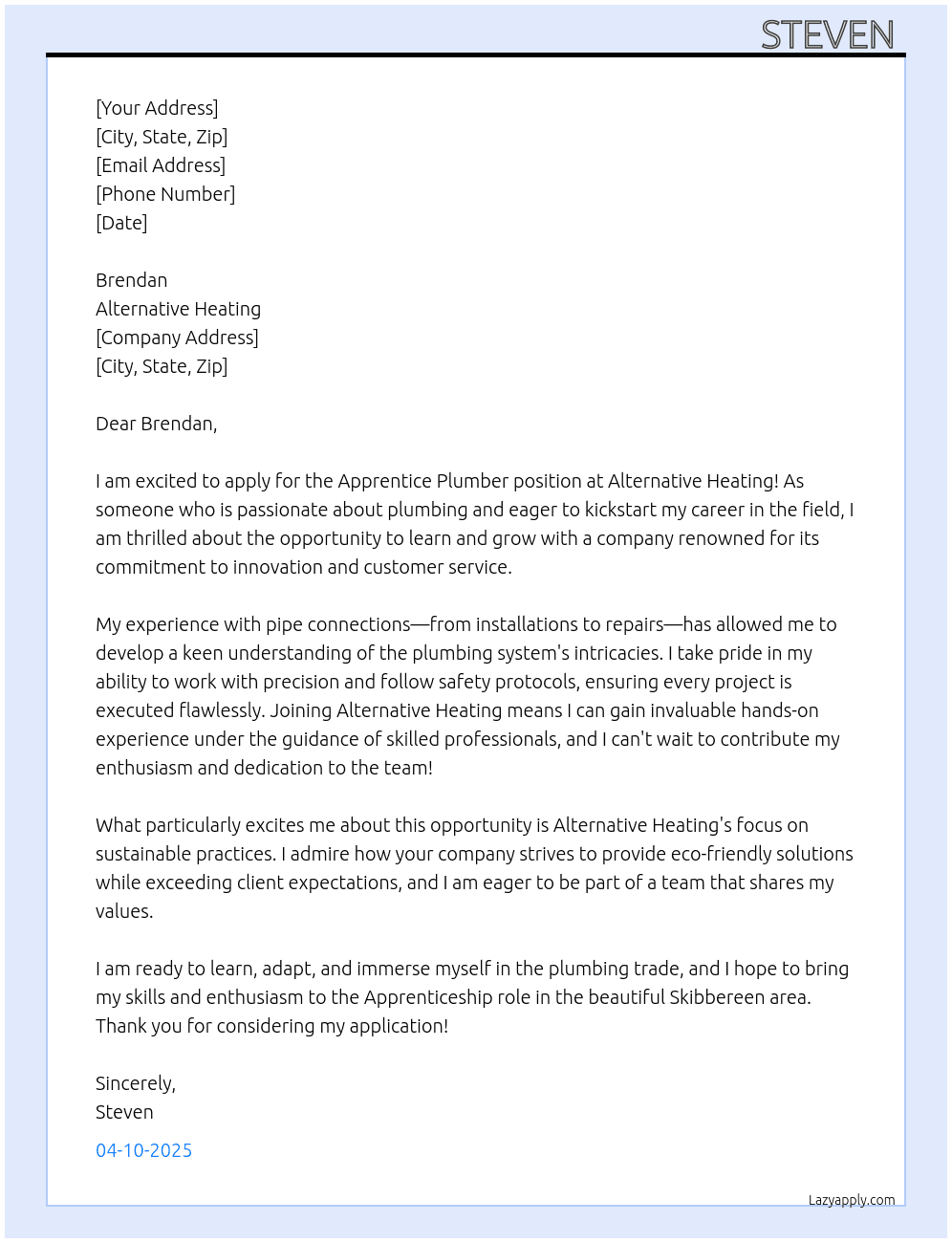 Apprentice first year plumbing  At Alternative heating  Cover Letter