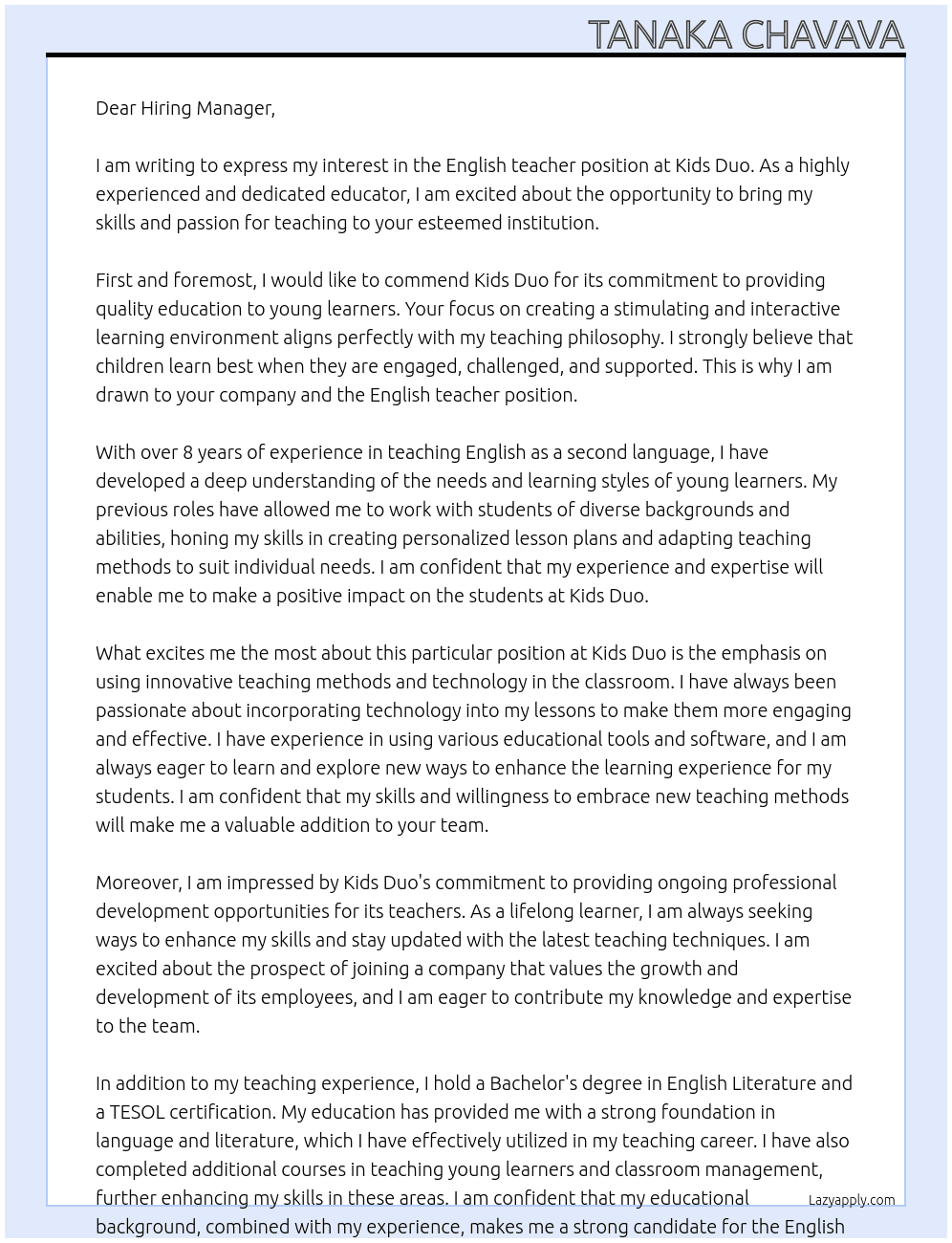 English teacher  At Kids Duo Cover Letter