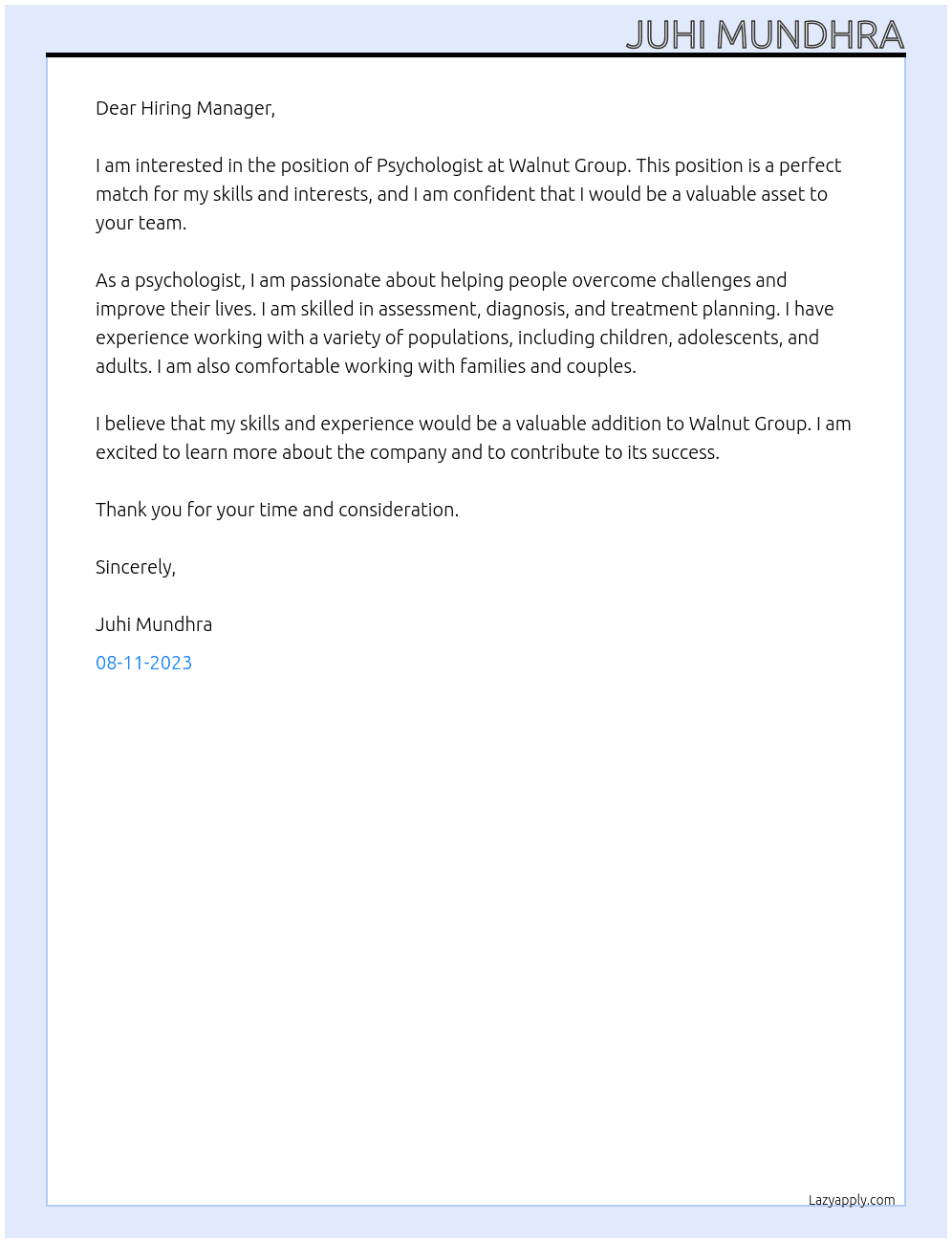 Psychologist At Walnut Group Cover Letter