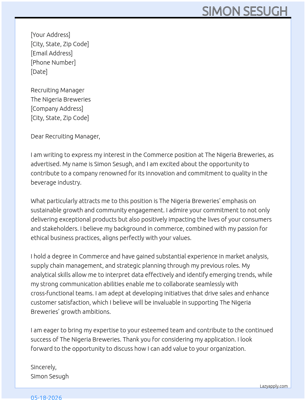 Commerce  At The Nigeria Breweries  Cover Letter