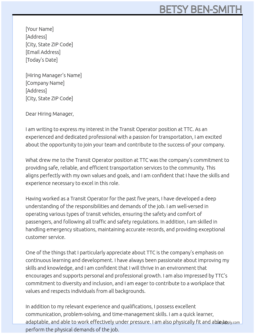 Transit Operator At TTC Cover Letter