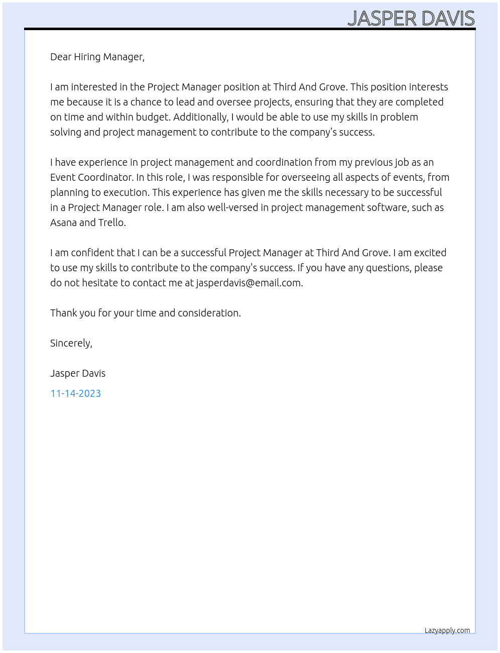 Project Manager At Third And Grove Cover Letter
