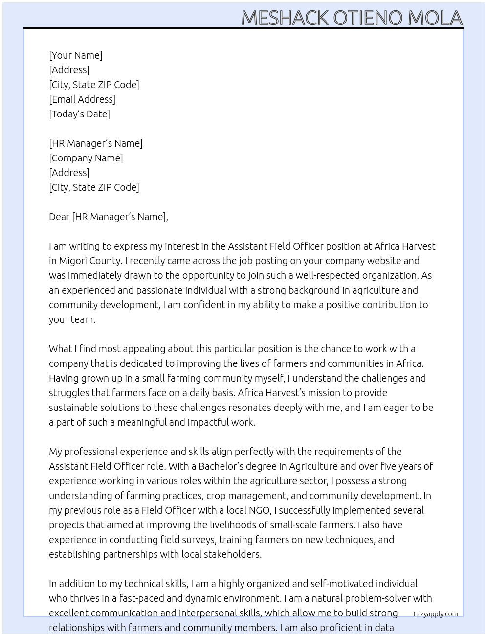 Assistant Field Officer At Africa Harvest Cover Letter