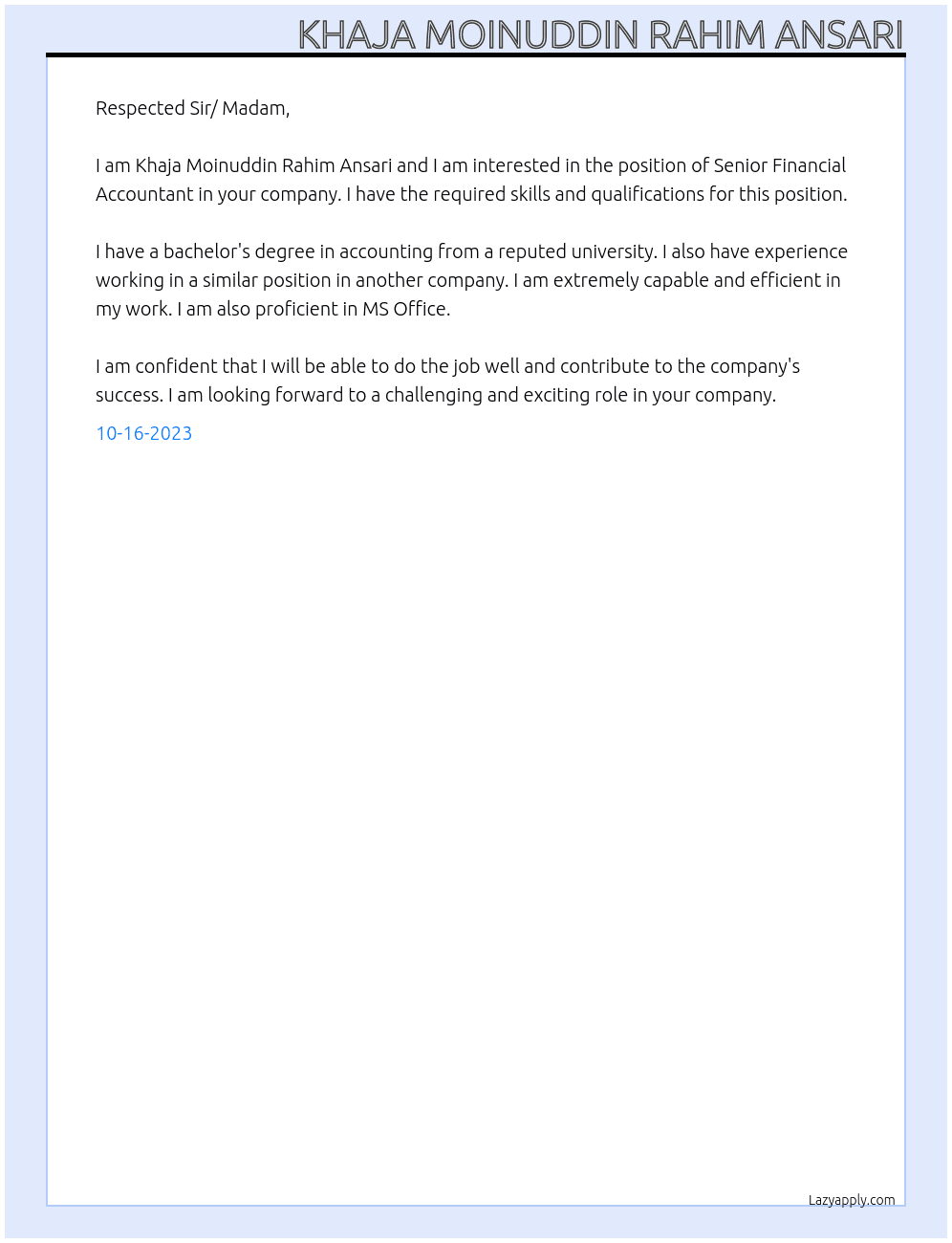 SENIOR FINANCIAL ACCOUNTANT At not available Cover Letter