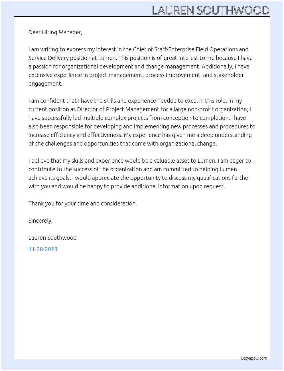 Chief of Staff-Enterprise Field Operations and Service Delivery At Lumen Cover Letter