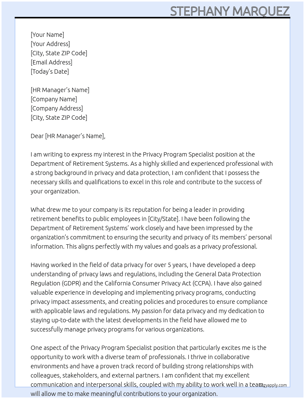 privacy program specialist  At department of retirment systems Cover Letter