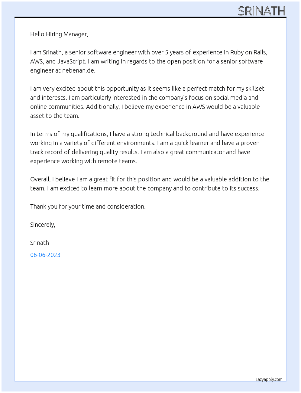 Senior Software Engineer At nebenan.de Cover Letter