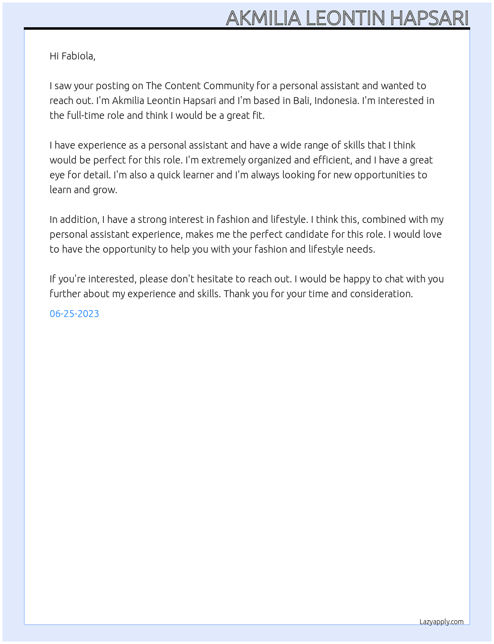 Personal Assistant At thecontentcommunity Cover Letter